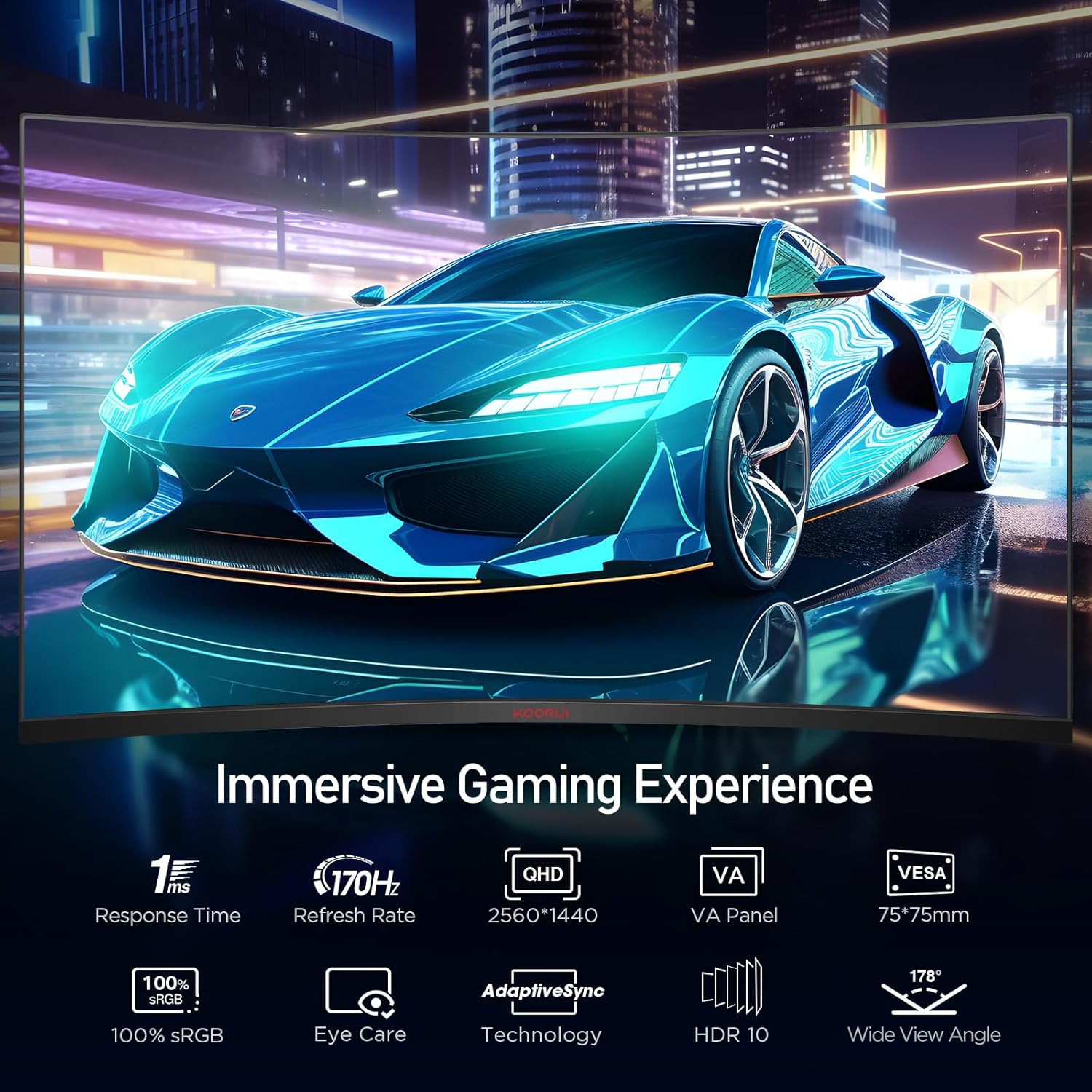 Moniteur de jeu incurvé KOORUI 32E6QC 31,5 pouces VA QHD 170 Hz 1500R 